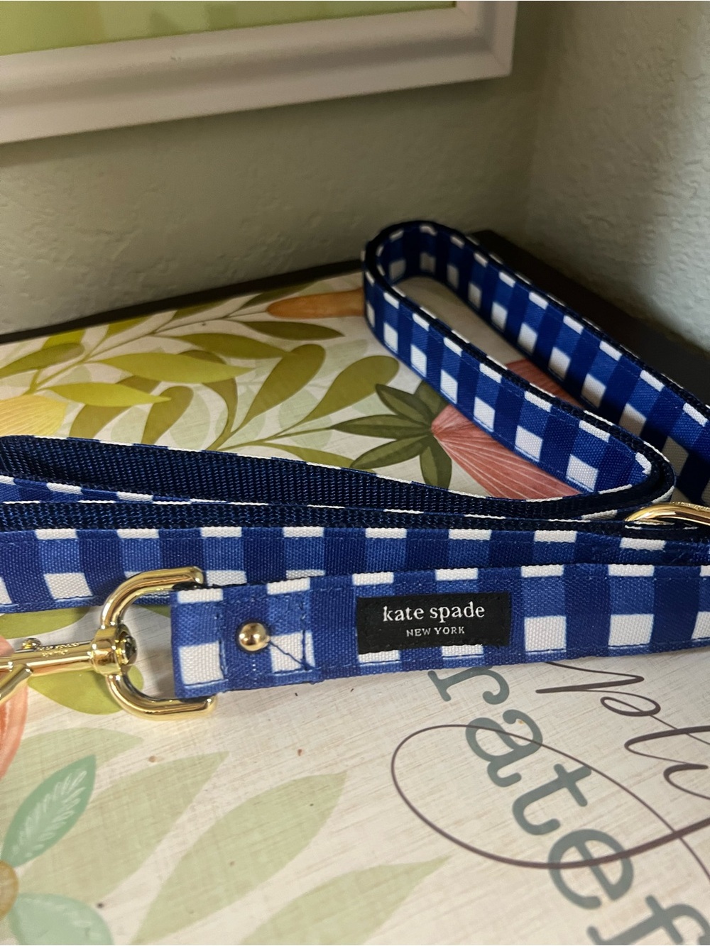 NWOT kate spade Blue and White Gingham Dog Leash with Gold Hardware “YC